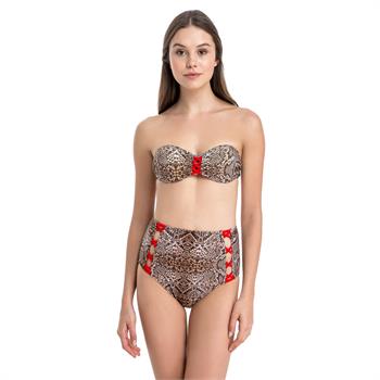 Dagi sabit silikonlu straplez leopar retro bikini - kahverengi