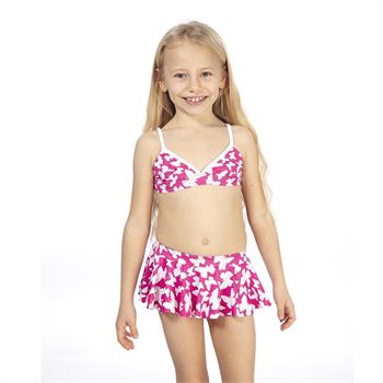 Estiva geniş üçgen parlak fırfırlı etekli kız çocuk bikini - pembe