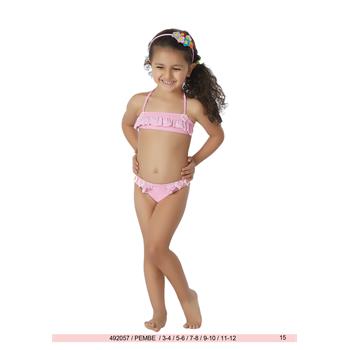 Sunset straplez fırfırlı kız çocuk bikini - pembe