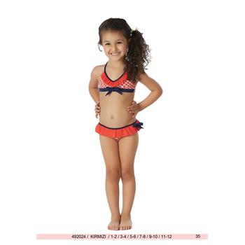Sunset geniş üçgen fırfırlı kız çocuk bikini - kırmızı